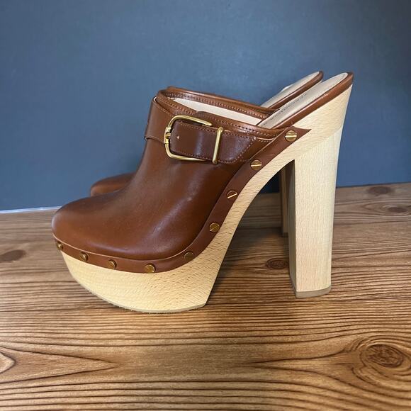 Veronica Beard Cognac Leather Wood Platform Heeled Mules Clogs Womens 10 Alek - Picture 5 of 15